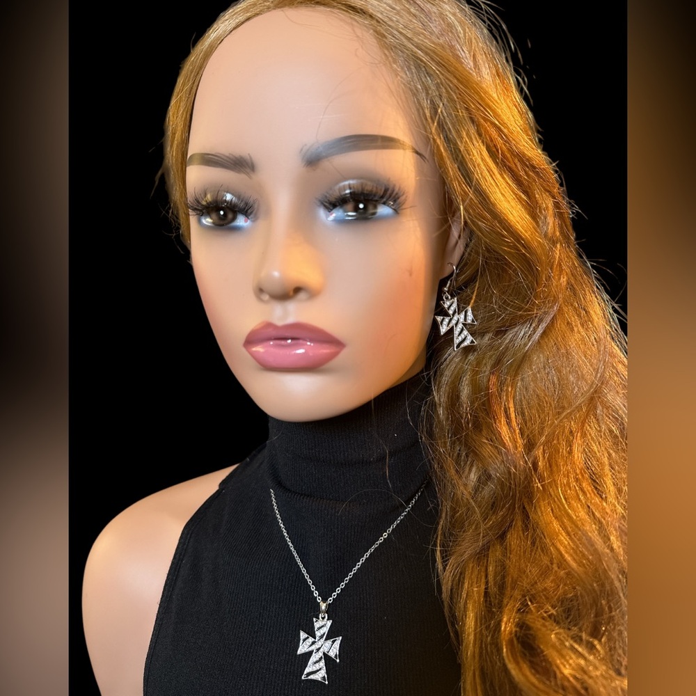 Silver Cross Earrings and Necklace Set